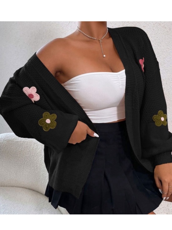 Sweaters - Pink Green Floral Crochet Appliqué Drop Shoulder Black Cardigan Sweater Medium